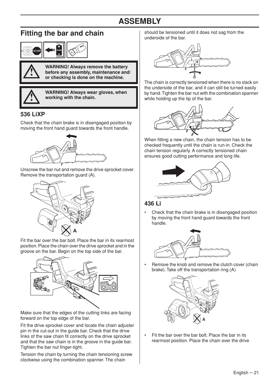 Fitting the bar and chain, 536 lixp, 436 li | Assembly | Husqvarna 536 LIXP User Manual | Page 21 / 44