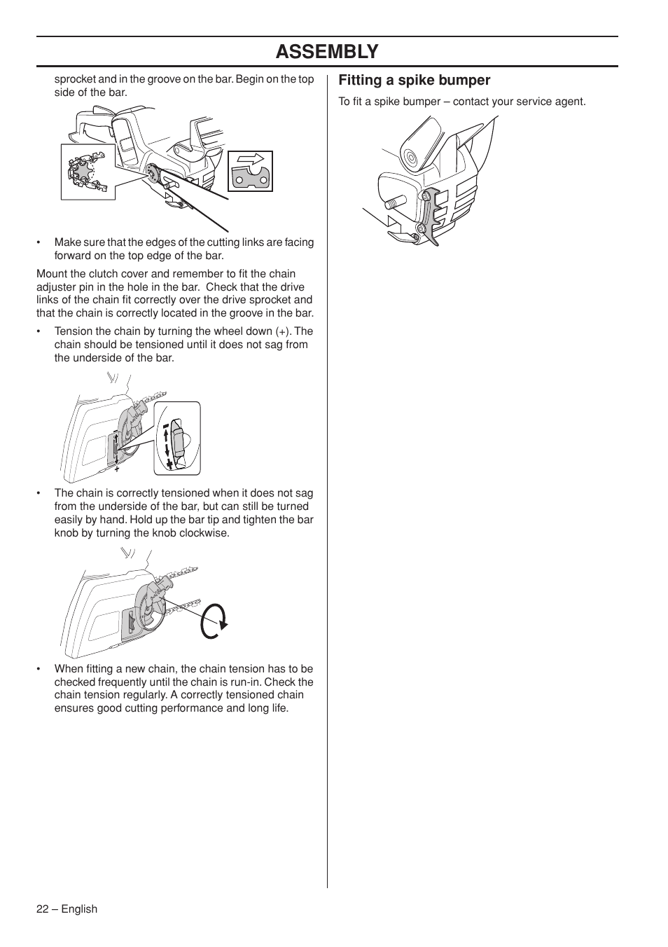 Fitting a spike bumper, Assembly | Husqvarna 536 LIXP User Manual | Page 22 / 44