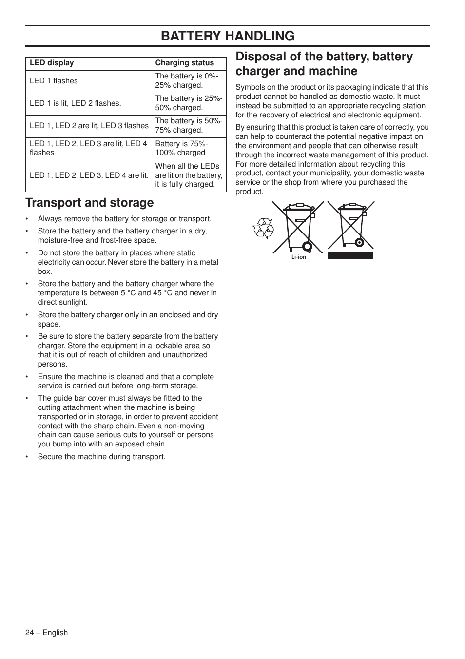 Transport and storage, Battery handling | Husqvarna 536 LIXP User Manual | Page 24 / 44