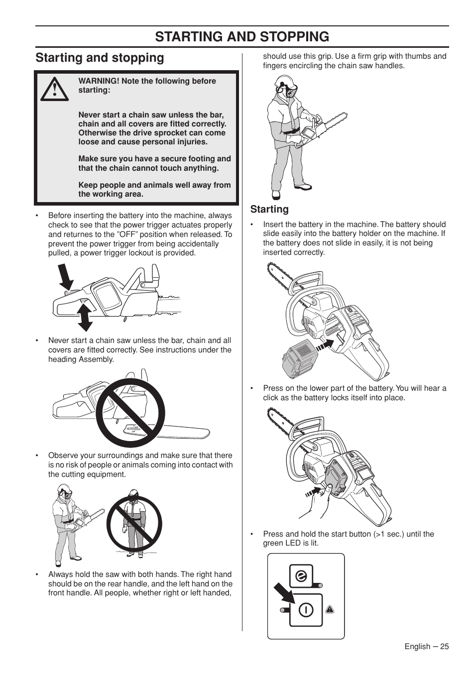 Starting and stopping, Starting | Husqvarna 536 LIXP User Manual | Page 25 / 44
