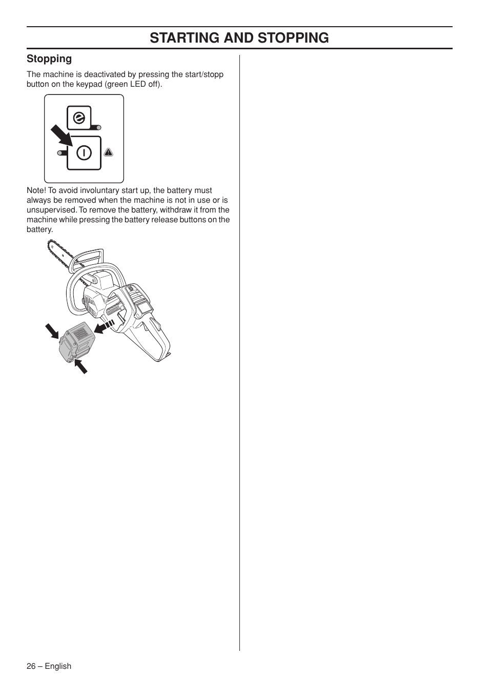 Stopping, Starting and stopping | Husqvarna 536 LIXP User Manual | Page 26 / 44