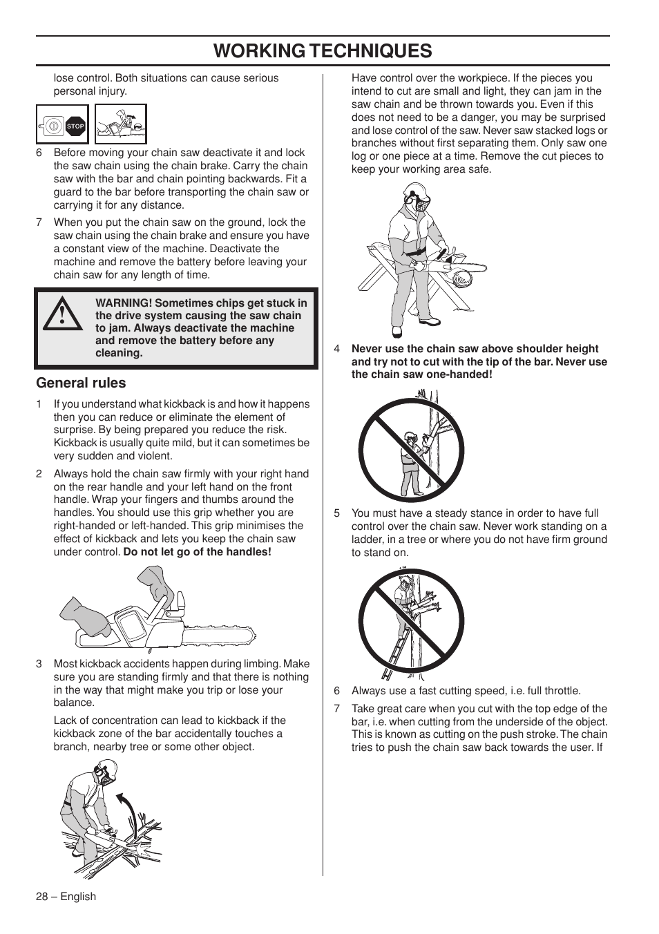 General rules, Working techniques | Husqvarna 536 LIXP User Manual | Page 28 / 44