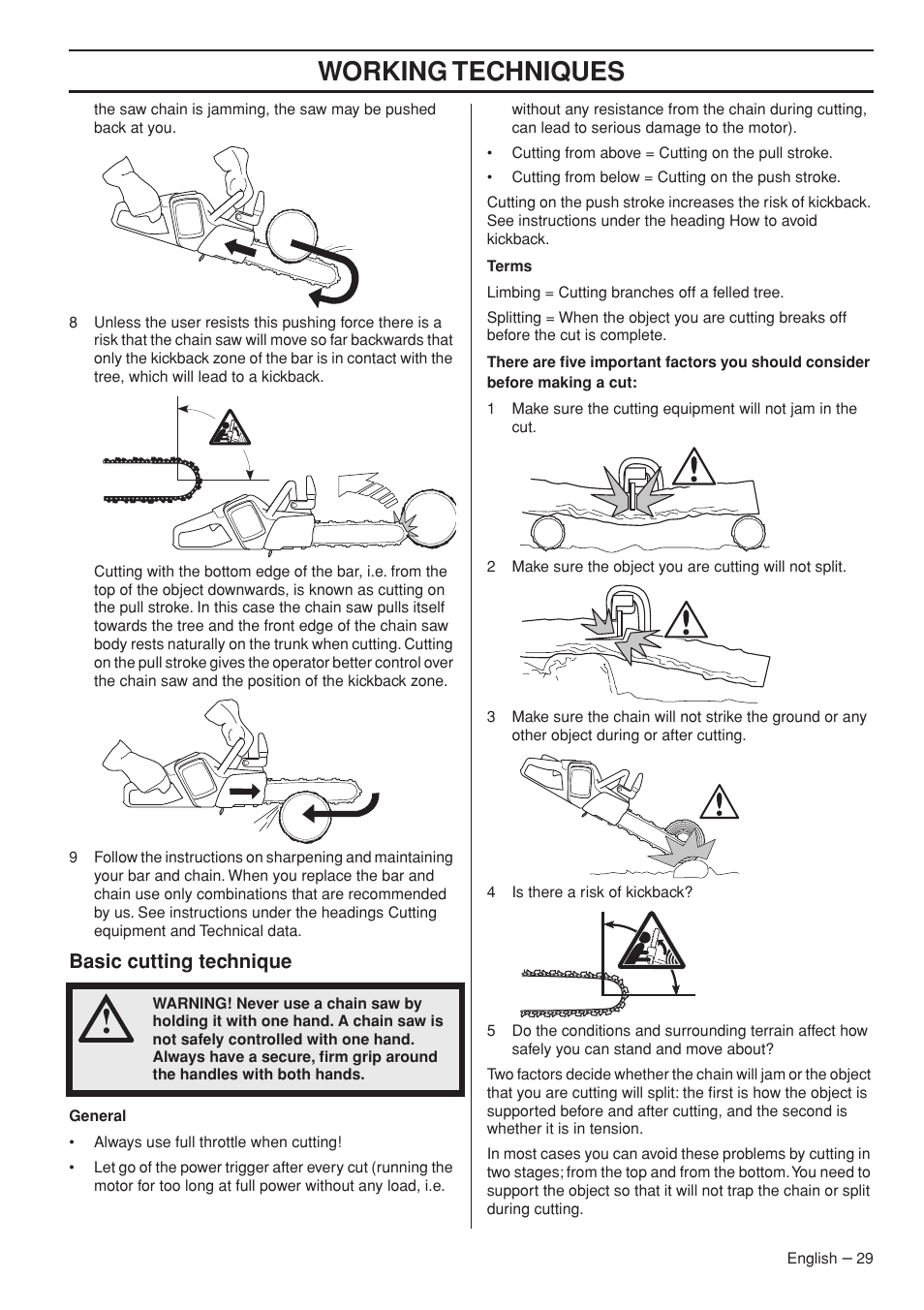 Basic cutting technique, Working techniques | Husqvarna 536 LIXP User Manual | Page 29 / 44