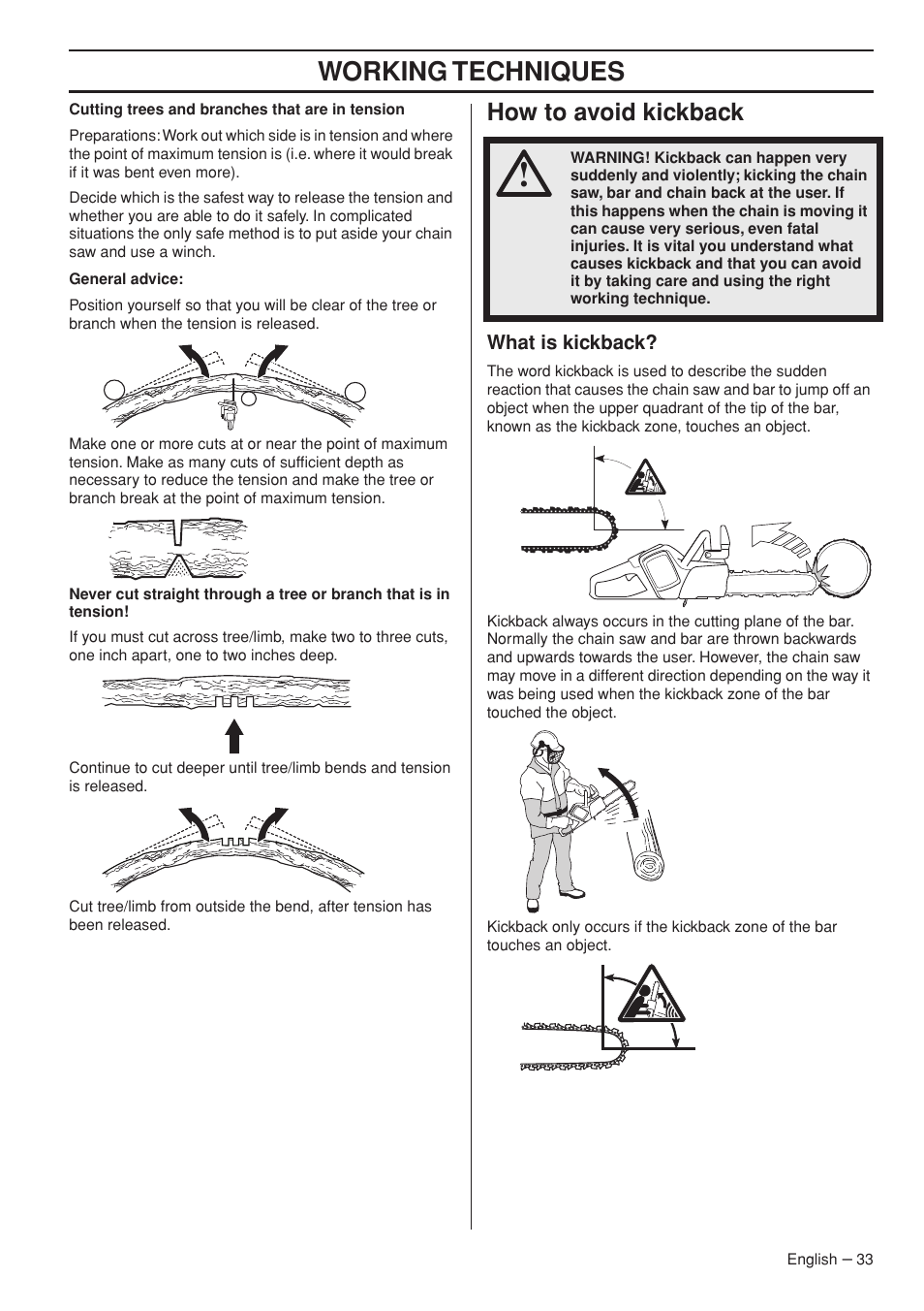 How to avoid kickback, What is kickback, Working techniques | Husqvarna 536 LIXP User Manual | Page 33 / 44