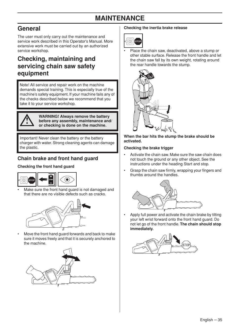 General, Chain brake and front hand guard, Maintenance | Husqvarna 536 LIXP User Manual | Page 35 / 44