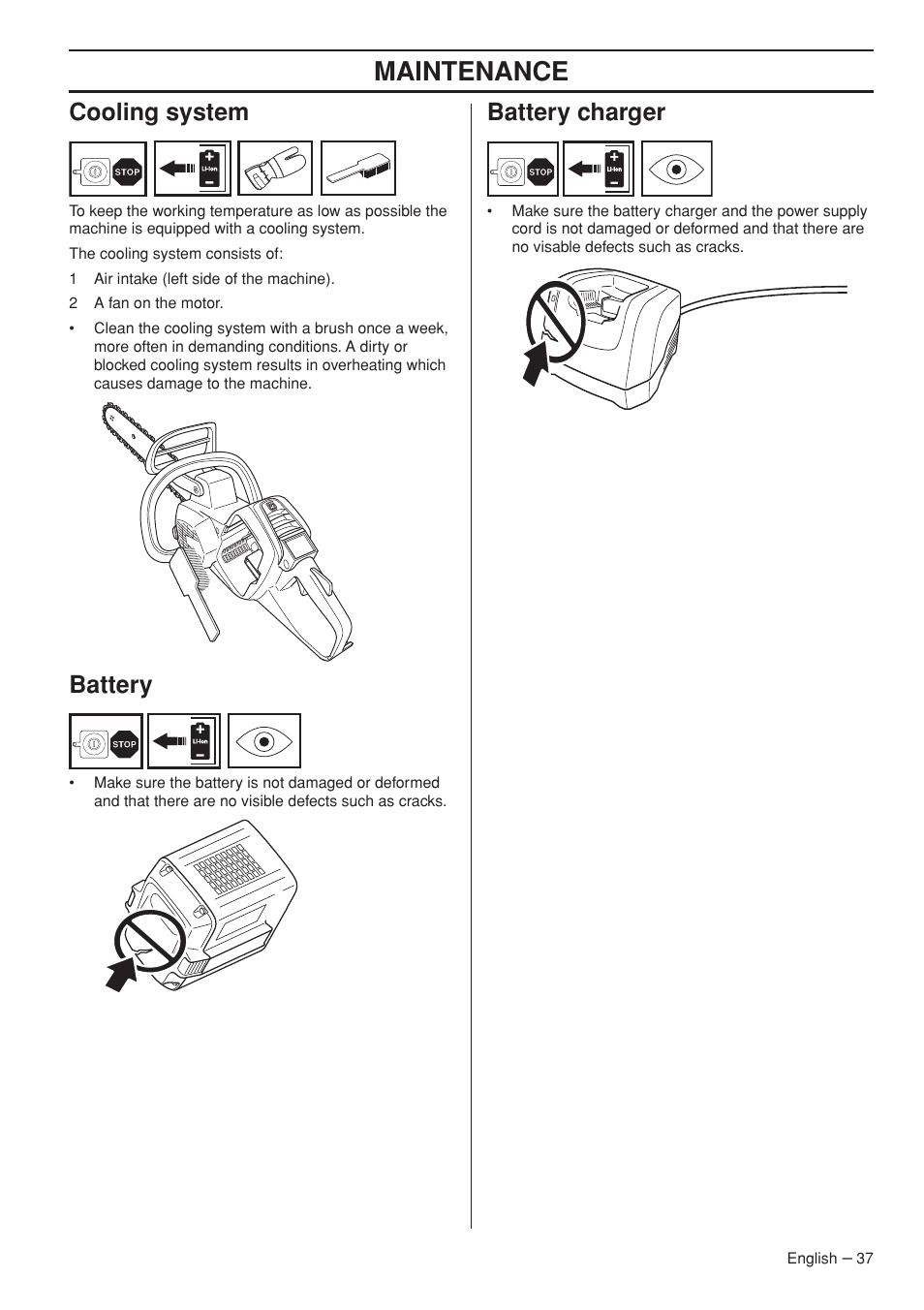 Cooling system, Battery, Battery charger | Maintenance | Husqvarna 536 LIXP User Manual | Page 37 / 44