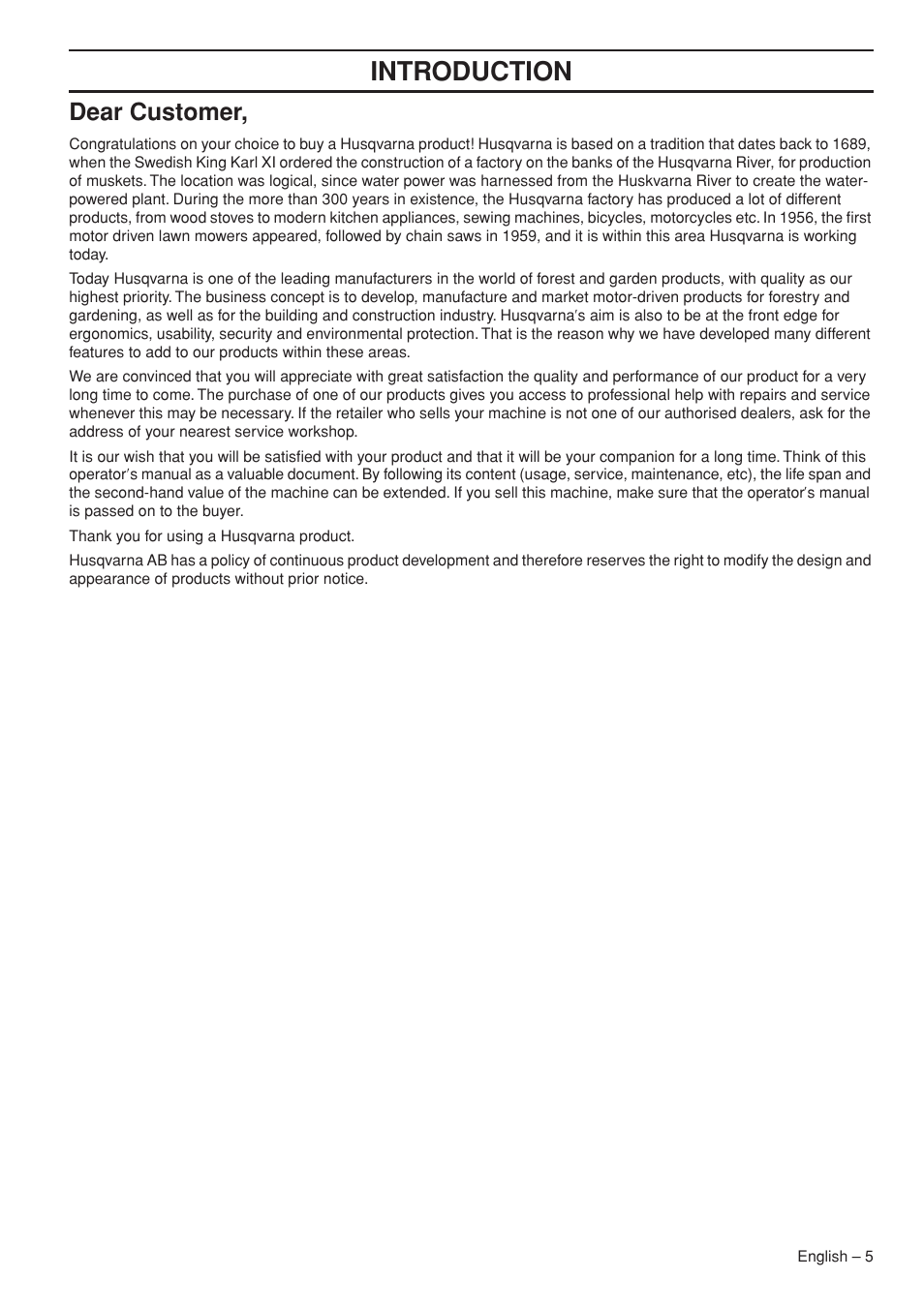 Dear customer, Intr oduction | Husqvarna 536 LIXP User Manual | Page 5 / 44
