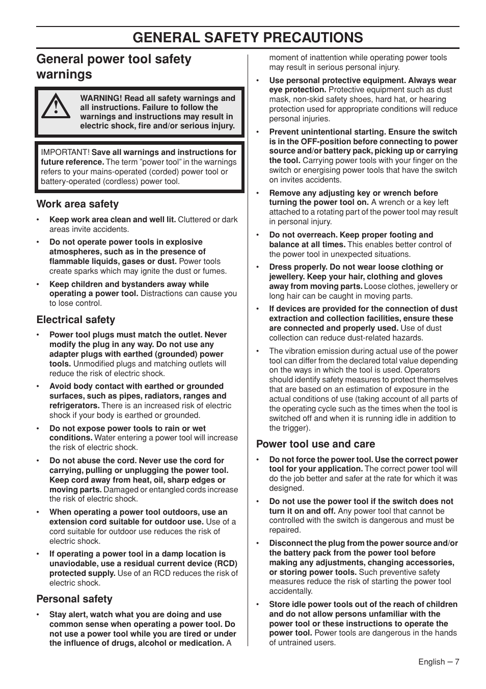 General power tool safety warnings, Work area safety, Electrical safety | Personal safety, Power tool use and care, General safety preca utions, General po wer tool safety warnings, W ork area safety, Electrical saf ety, P ersonal safety | Husqvarna 536 LIXP User Manual | Page 7 / 44