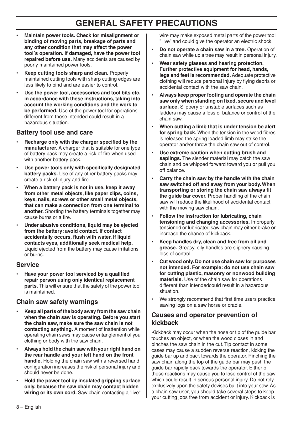 Battery tool use and care, Service, Chain saw safety warnings | Causes and operator prevention of kickback, General safety preca utions | Husqvarna 536 LIXP User Manual | Page 8 / 44