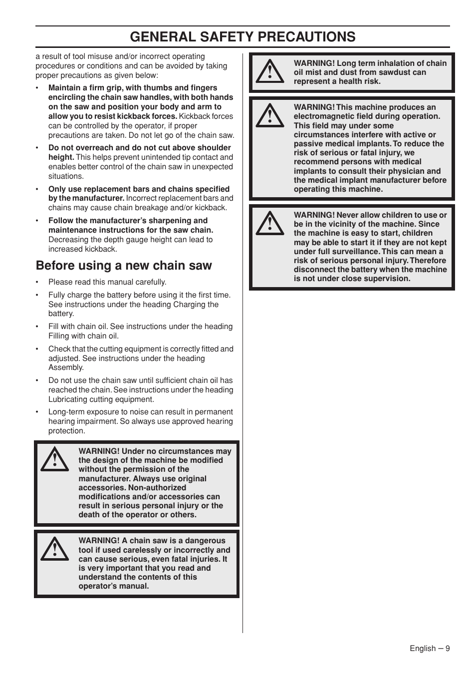 Before using a new chain saw, General safety precautions | Husqvarna 536 LIXP User Manual | Page 9 / 44