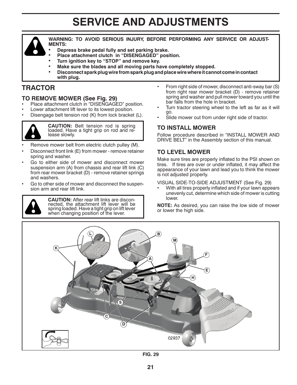 Service & adjustments, Service and adjustments, Tractor | Husqvarna 2754 GLS User Manual | Page 21 / 49