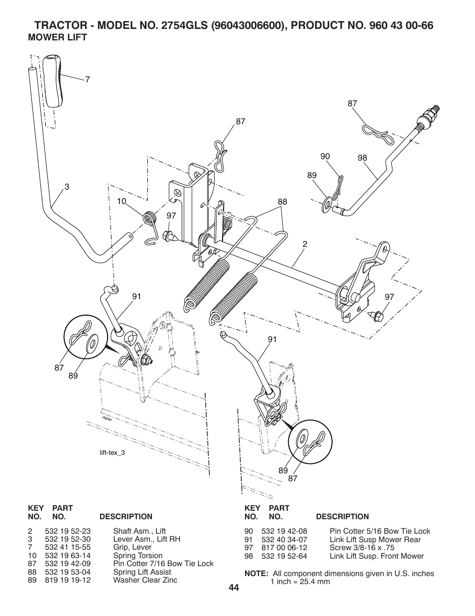 Mower lift | Husqvarna 2754 GLS User Manual | Page 44 / 49