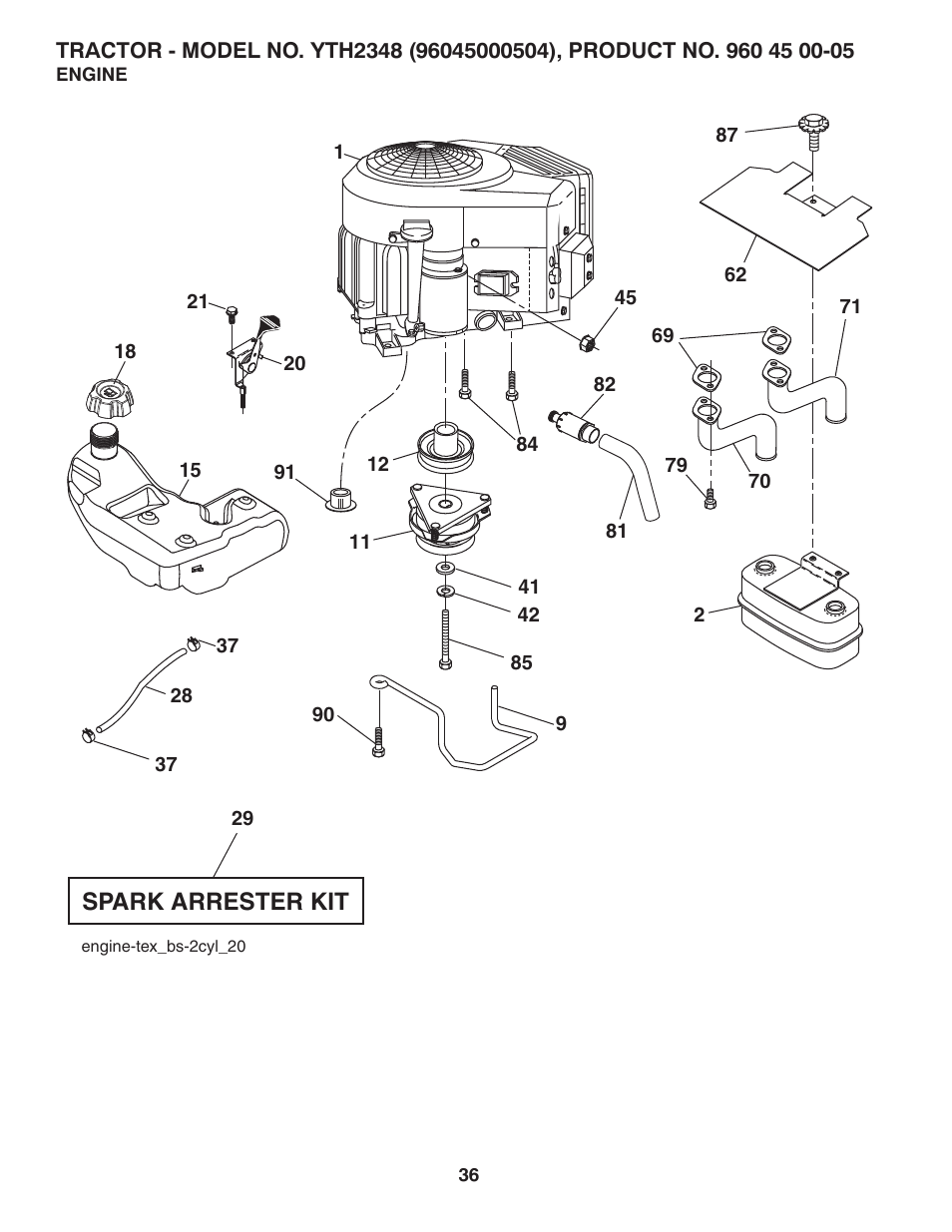 Engine, fuel tank, muffler, Spark arrester kit | Husqvarna 96045000504 User Manual | Page 36 / 48