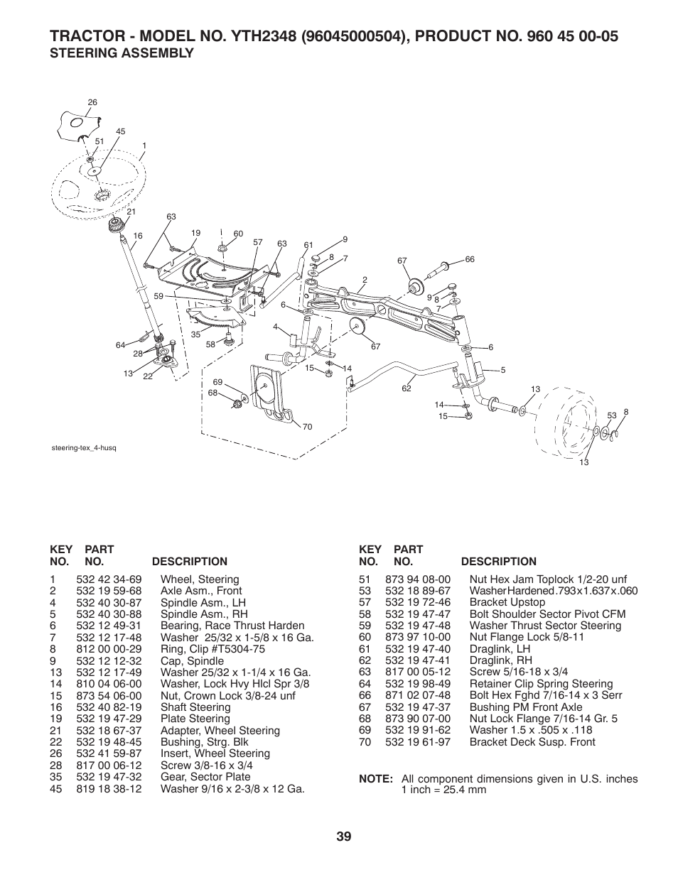 Steering, Steering assembly | Husqvarna 96045000504 User Manual | Page 39 / 48