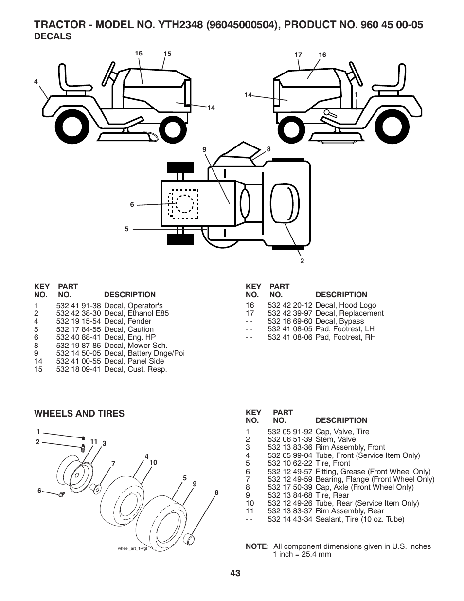 Decals, wheels & tires | Husqvarna 96045000504 User Manual | Page 43 / 48