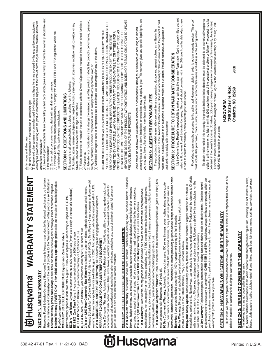 Warranty statement, Warranty st a tement | Husqvarna 96045000504 User Manual | Page 48 / 48