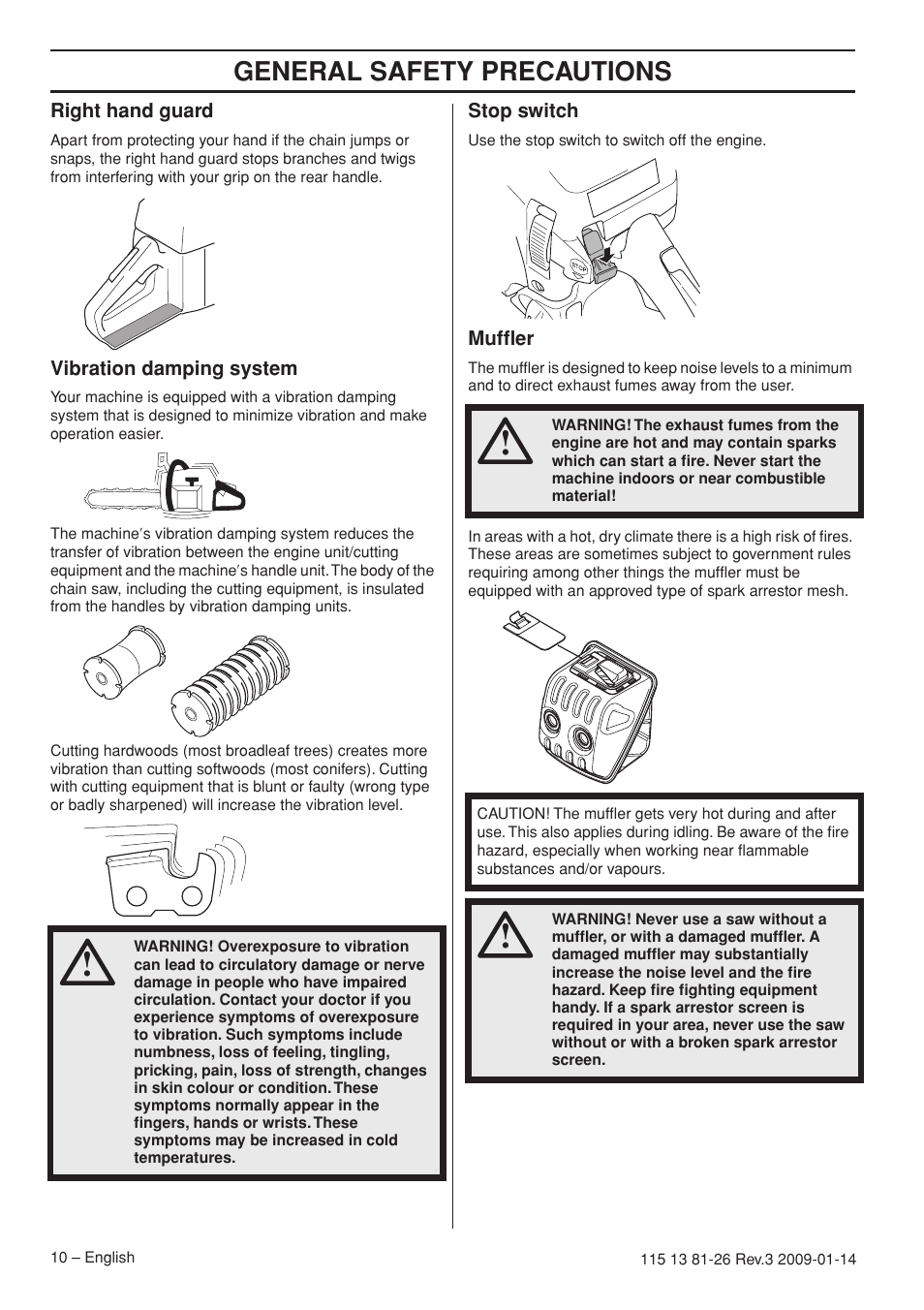 Right hand guard, Vibration damping system, Stop switch | Muffler, General safety precautions | Husqvarna 115 13 81-26 User Manual | Page 10 / 44