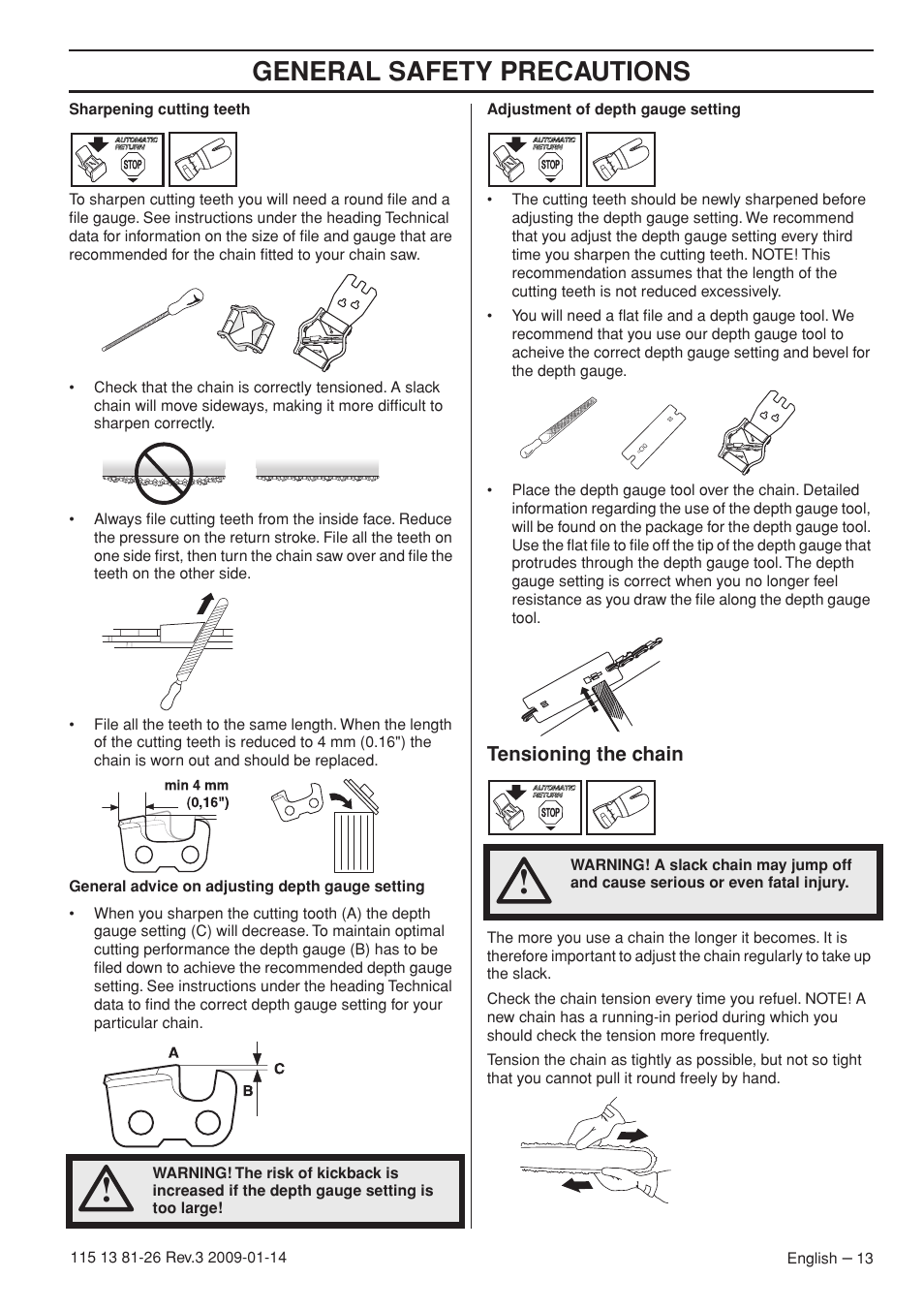 Tensioning the chain, General safety precautions | Husqvarna 115 13 81-26 User Manual | Page 13 / 44