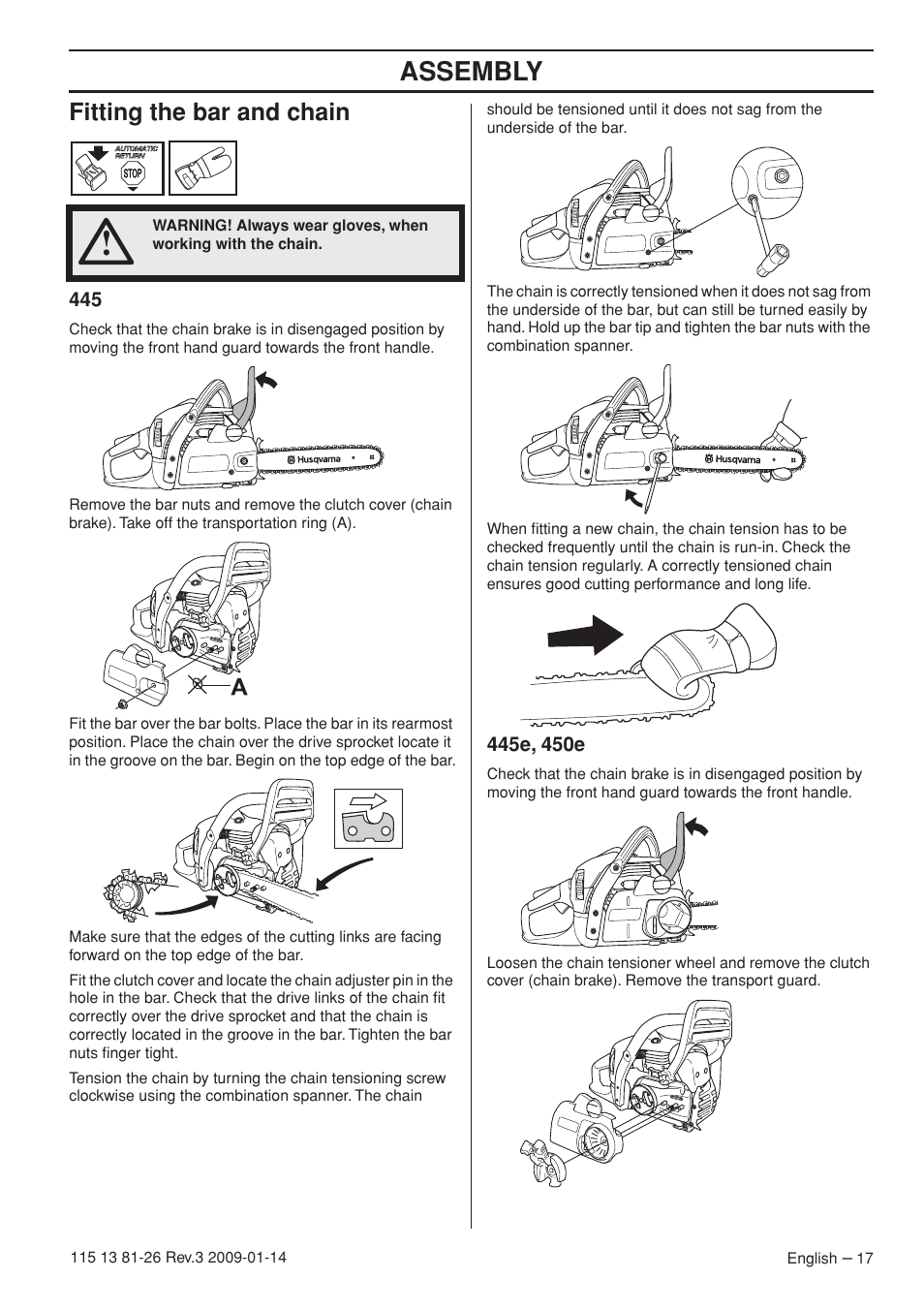 Fitting the bar and chain, 445e, 450e, Assembly | Husqvarna 115 13 81-26 User Manual | Page 17 / 44