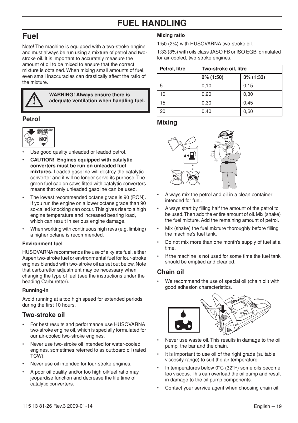 Fuel, Petrol, Two-stroke oil | Mixing, Chain oil, Fuel handling | Husqvarna 115 13 81-26 User Manual | Page 19 / 44