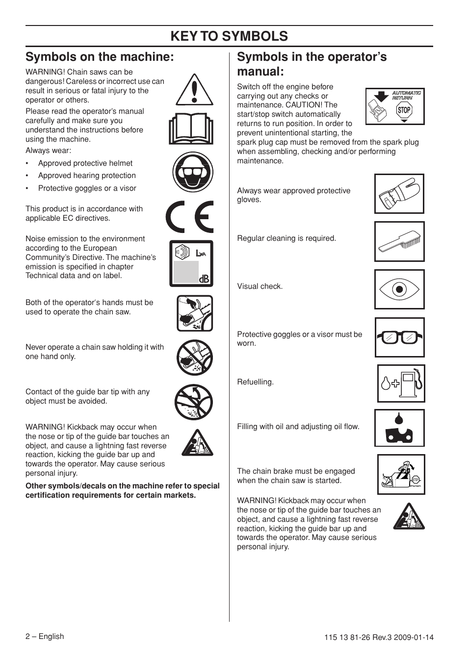 Symbols on the machine, Symbols in the operator’s manual, Key t o symbols | Symbols on the mac hine, Symbols in the operator’ s manual | Husqvarna 115 13 81-26 User Manual | Page 2 / 44