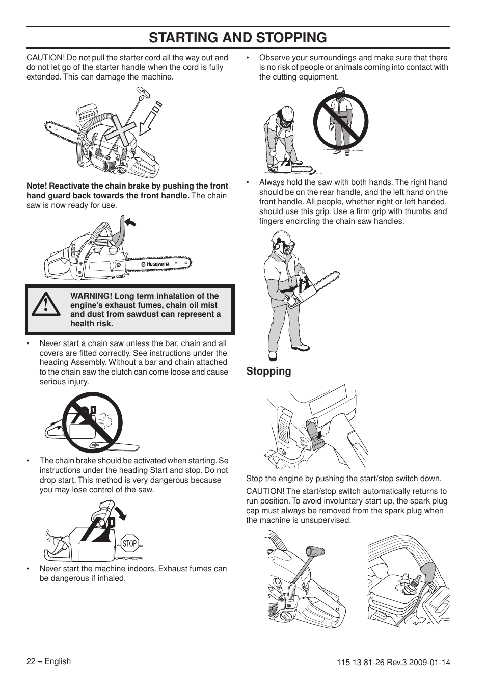 Stopping, Starting and stopping | Husqvarna 115 13 81-26 User Manual | Page 22 / 44