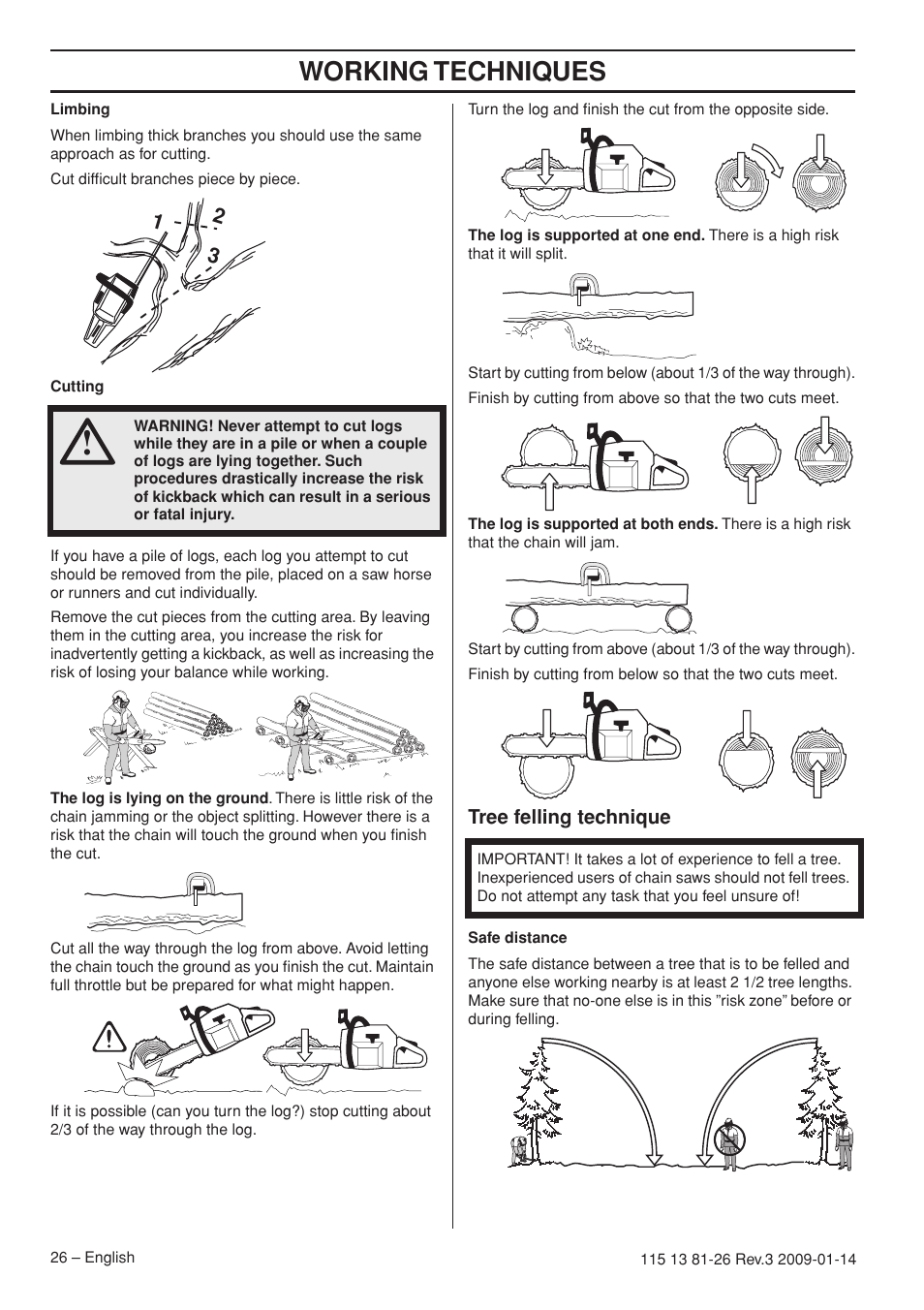 Tree felling technique, Working techniques | Husqvarna 115 13 81-26 User Manual | Page 26 / 44