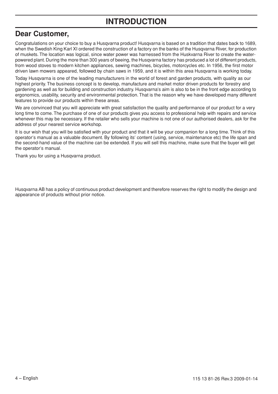 Dear customer, Intr oduction | Husqvarna 115 13 81-26 User Manual | Page 4 / 44