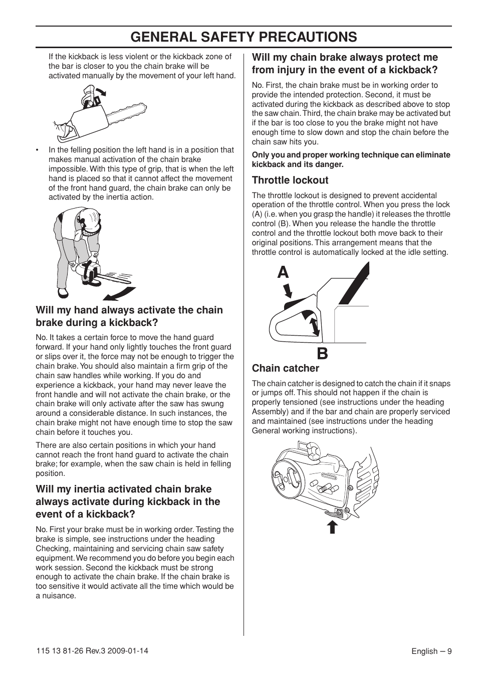 Throttle lockout, Chain catcher, General safety precautions | Husqvarna 115 13 81-26 User Manual | Page 9 / 44