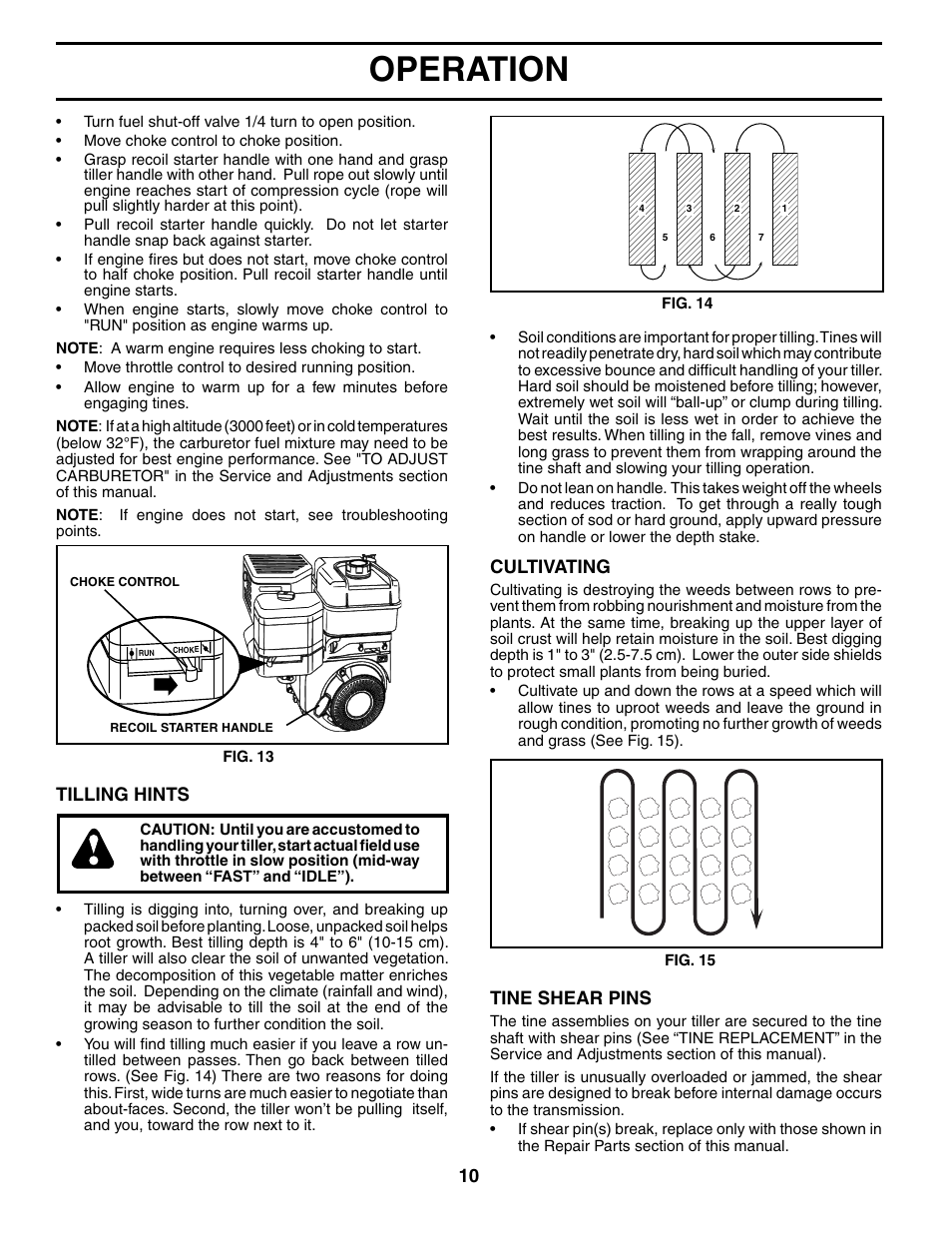 Operation, Cultivating, Tilling hints | Tine shear pins | Husqvarna 650CRT User Manual | Page 10 / 28