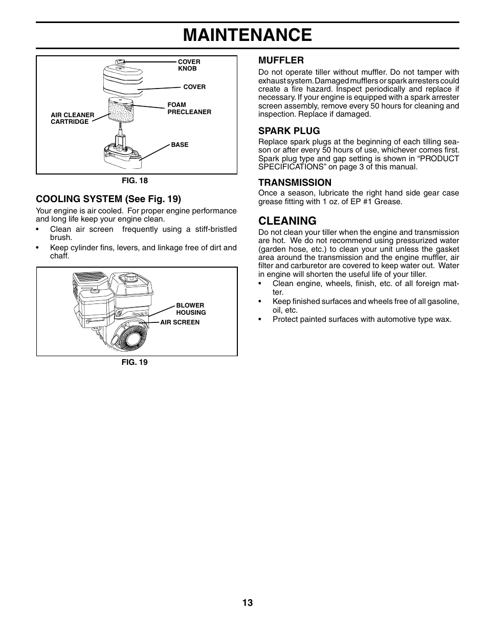 Maintenance, Cleaning, Cooling system (see fig. 19) | Muffler, Spark plug, Transmission | Husqvarna 650CRT User Manual | Page 13 / 28