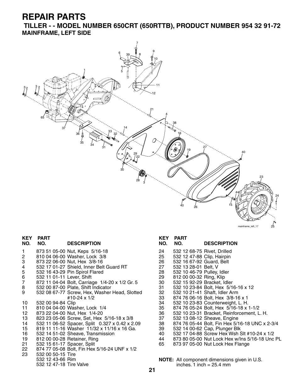 Mainframe - left, Repair parts, Mainframe, left side | Husqvarna 650CRT User Manual | Page 21 / 28