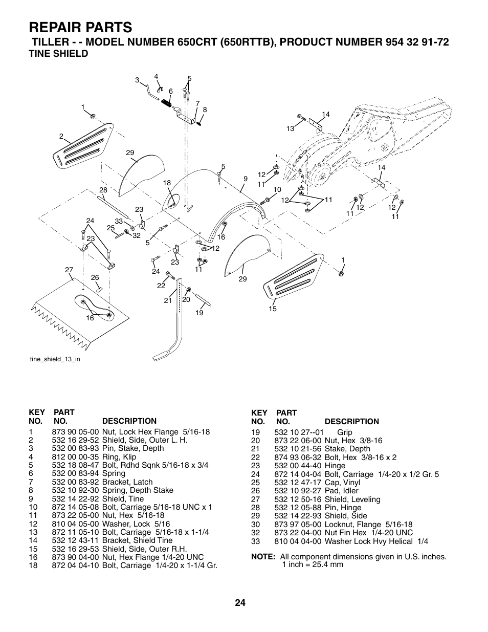 Tine shield, Repair parts | Husqvarna 650CRT User Manual | Page 24 / 28