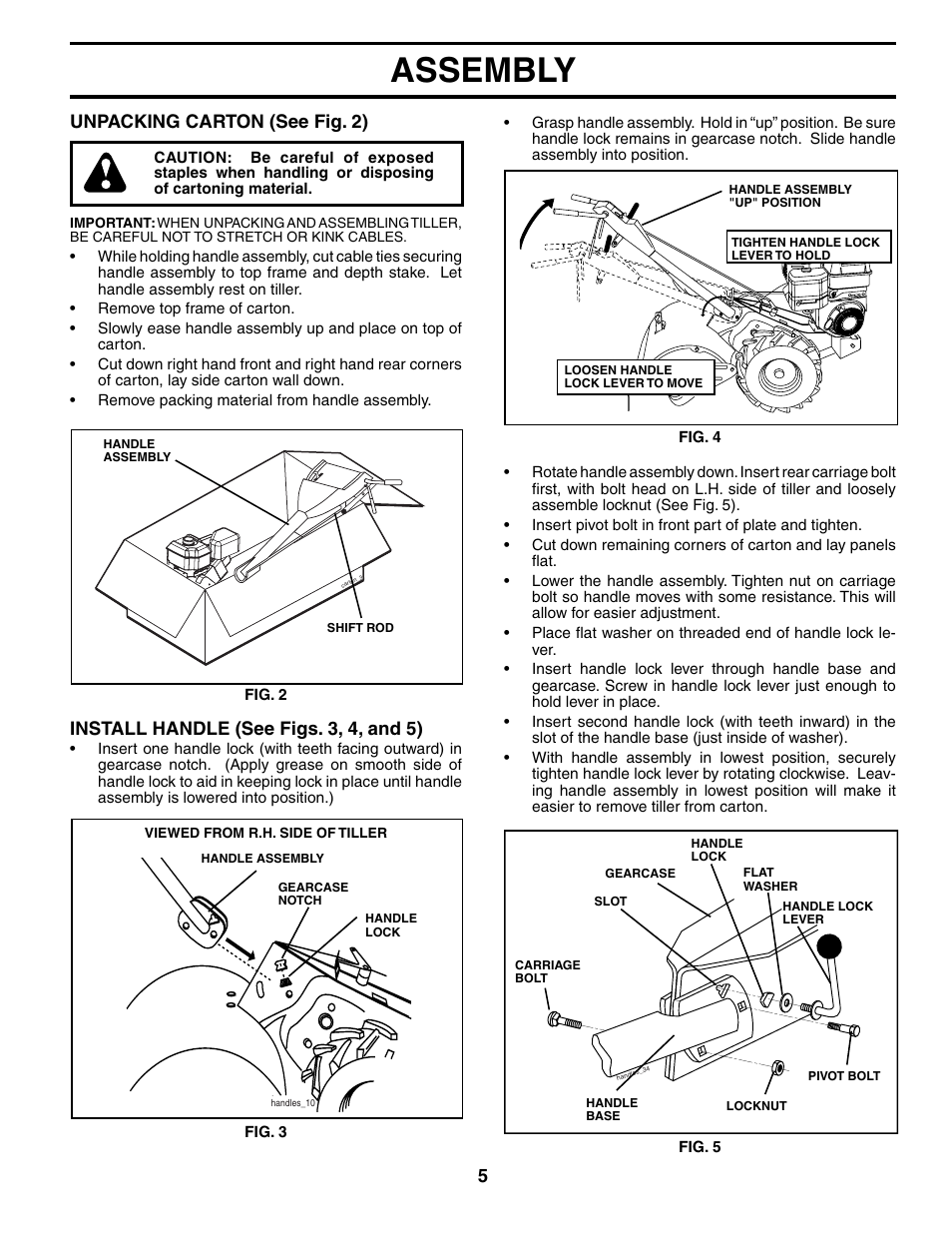 Assembly, Unpacking carton (see fig. 2), Install handle (see figs. 3, 4, and 5) | Husqvarna 650CRT User Manual | Page 5 / 28
