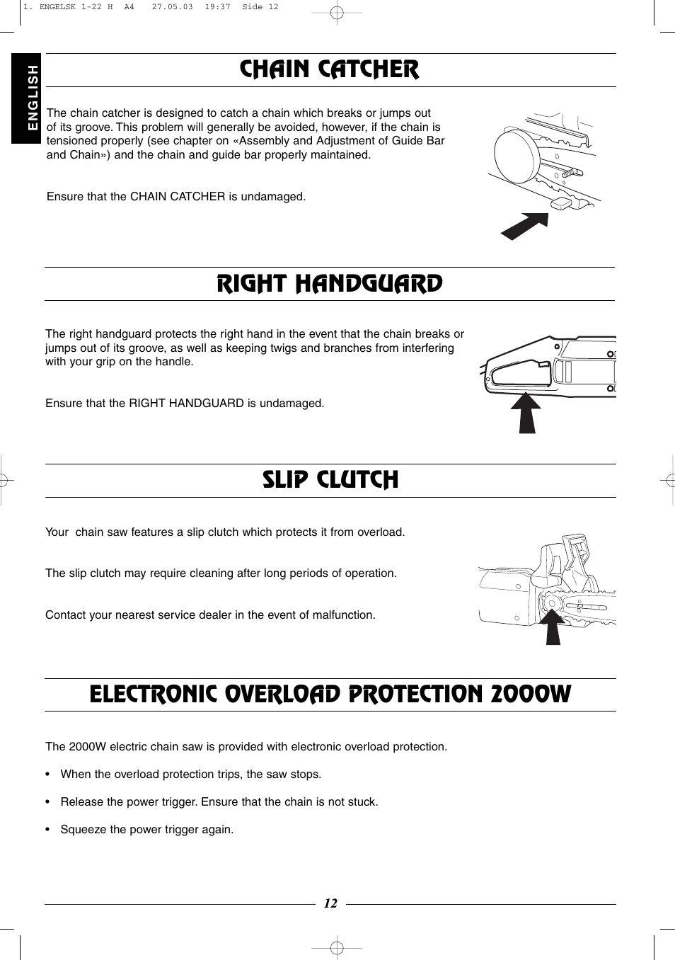 Slip clutch chain catcher right handguard, Electronic overload protection 2000w | Husqvarna 320 User Manual | Page 13 / 25