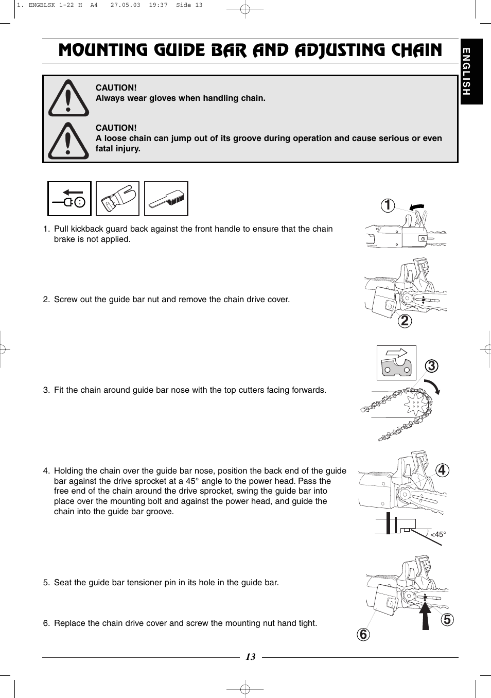 Mounting guide bar and adjusting chain | Husqvarna 320 User Manual | Page 14 / 25