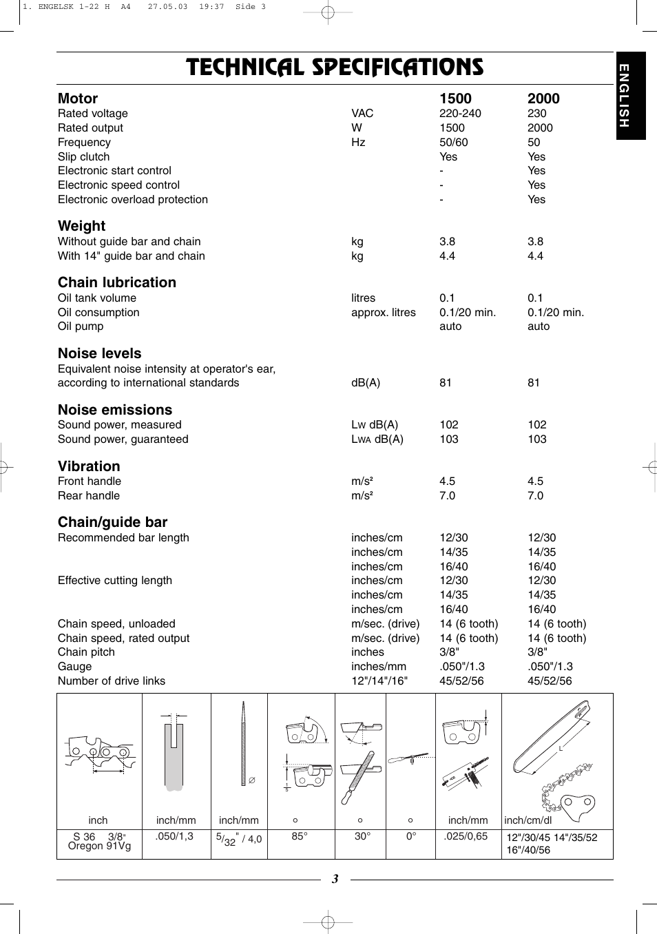 Technical specifications, Weight, Chain lubrication | Noise levels, Noise emissions, Vibration, Chain/guide bar | Husqvarna 320 User Manual | Page 4 / 25