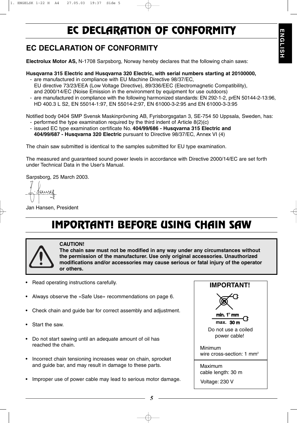Ec declaration of conformity, Important! before using chain saw, Important | Husqvarna 320 User Manual | Page 6 / 25