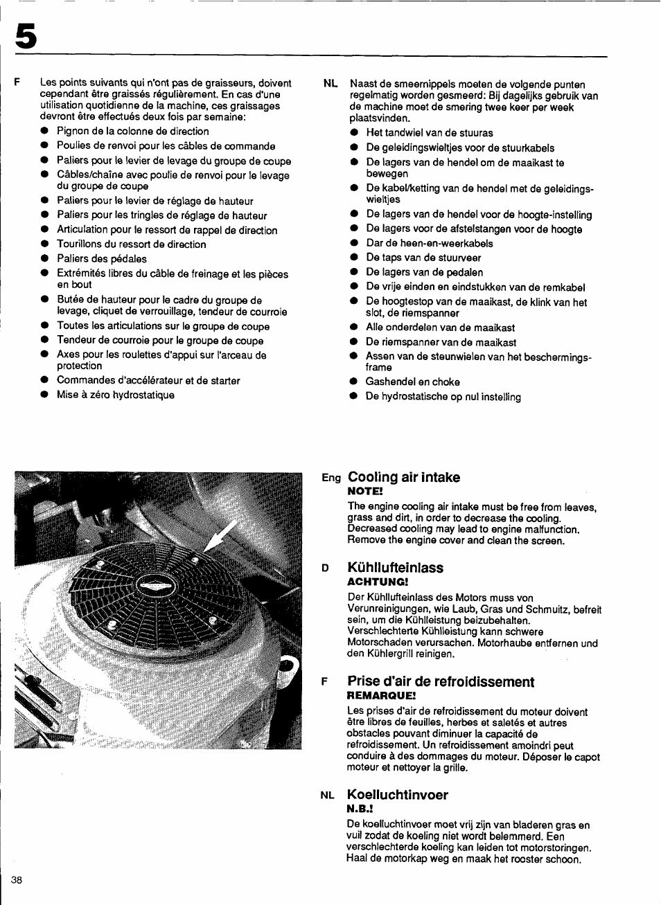 Eng cooling air intake note, D kühllufteinlass, F prise d'air de refroidissement | Cooling air intake, Koelluchtinvoer | Husqvarna 1000-14 User Manual | Page 40 / 68