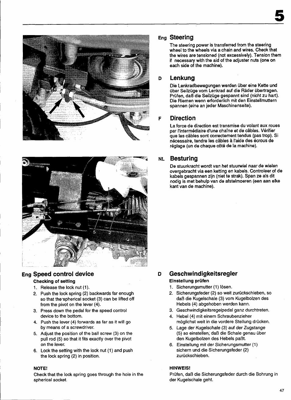 Eng steering, D lenkung, F direction | Nl besturing, Eng speed controi device, Geschwindigkeitsregler, Steering, Direction, Speed controi device | Husqvarna 1000-14 User Manual | Page 49 / 68