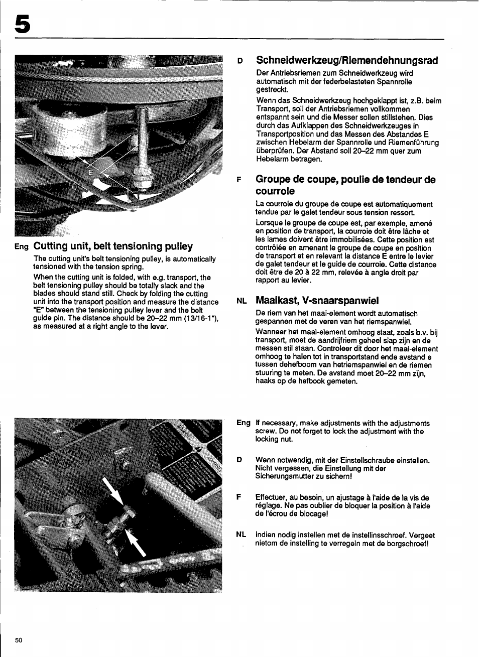 Eng cutting unit, belt tensioning pulley, Schneidwerkzeug/riemendehnungsrad, Groupe de coupe, poulie de tendeur de courroie | Maaikast, v>snaarspanwiel, Cutting unit, belt tensioning pulley | Husqvarna 1000-14 User Manual | Page 52 / 68