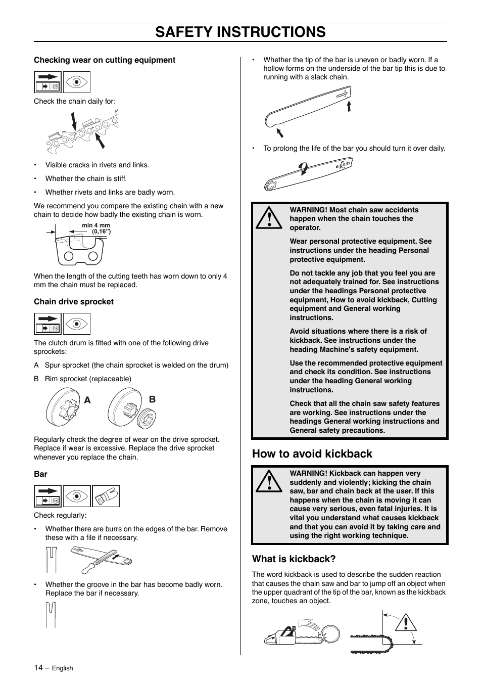 How to avoid kickback, What is kickback, Safety instructions | Husqvarna 385XP User Manual | Page 14 / 40