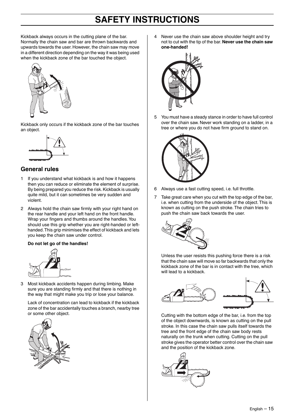 General rules, Safety instructions | Husqvarna 385XP User Manual | Page 15 / 40