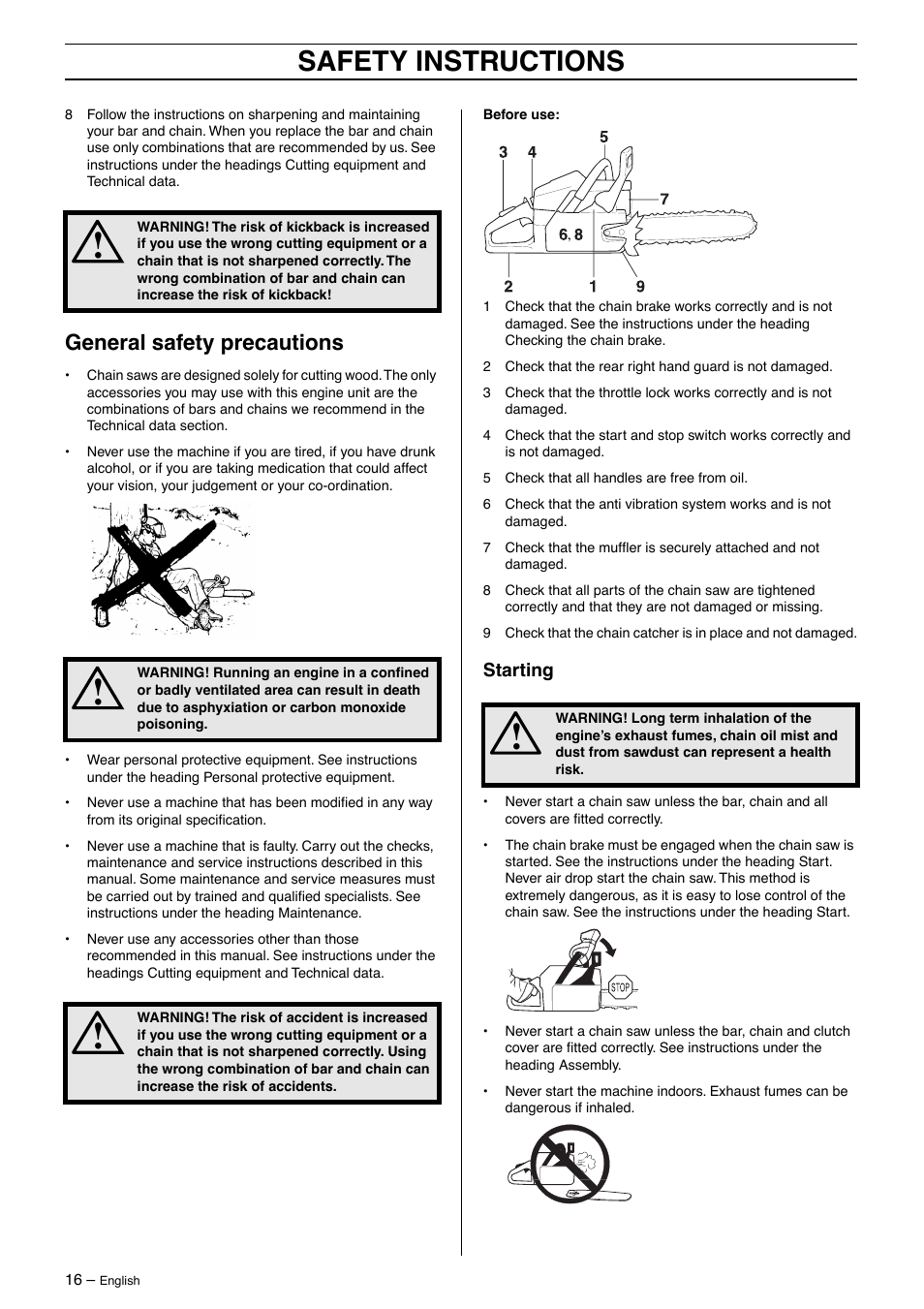 General safety precautions, Starting, Safety instructions | Husqvarna 385XP User Manual | Page 16 / 40