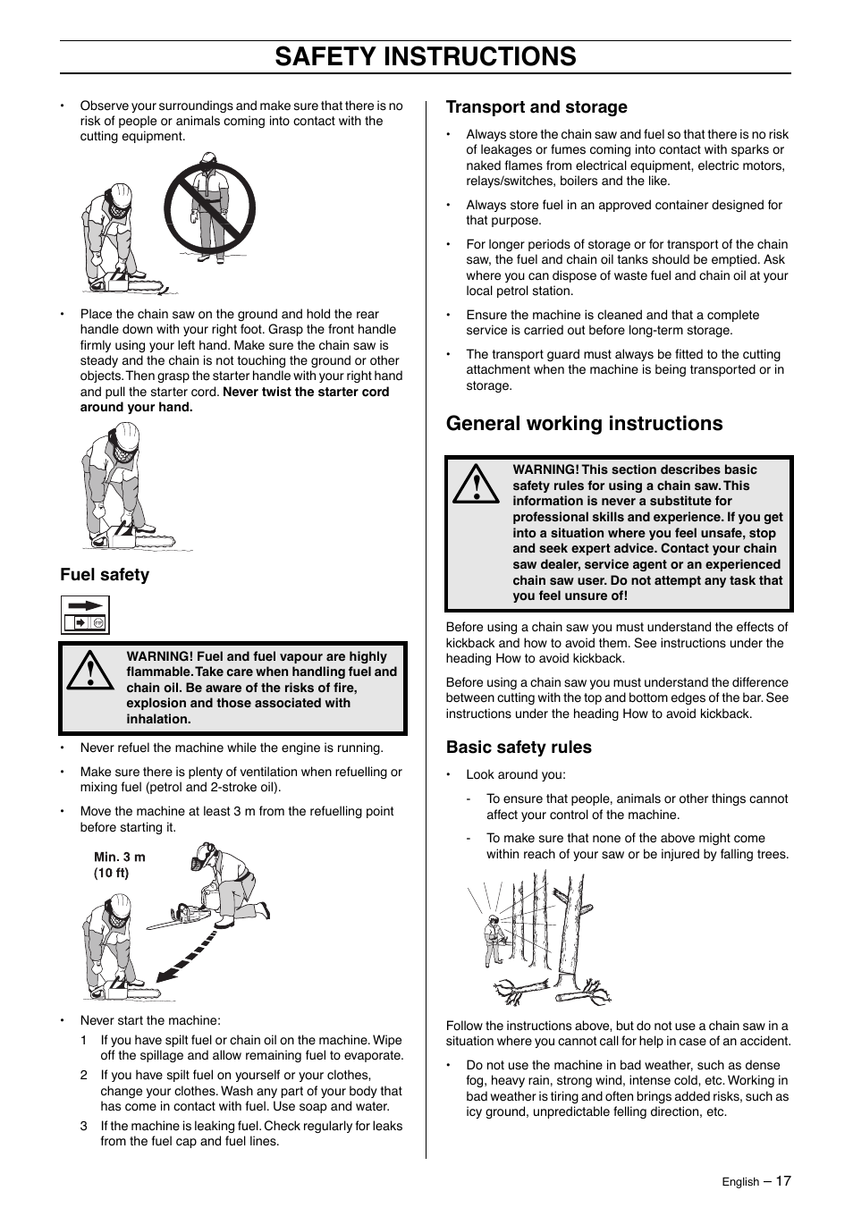 Fuel safety, Transport and storage, General working instructions | Basic safety rules, Safety instructions | Husqvarna 385XP User Manual | Page 17 / 40