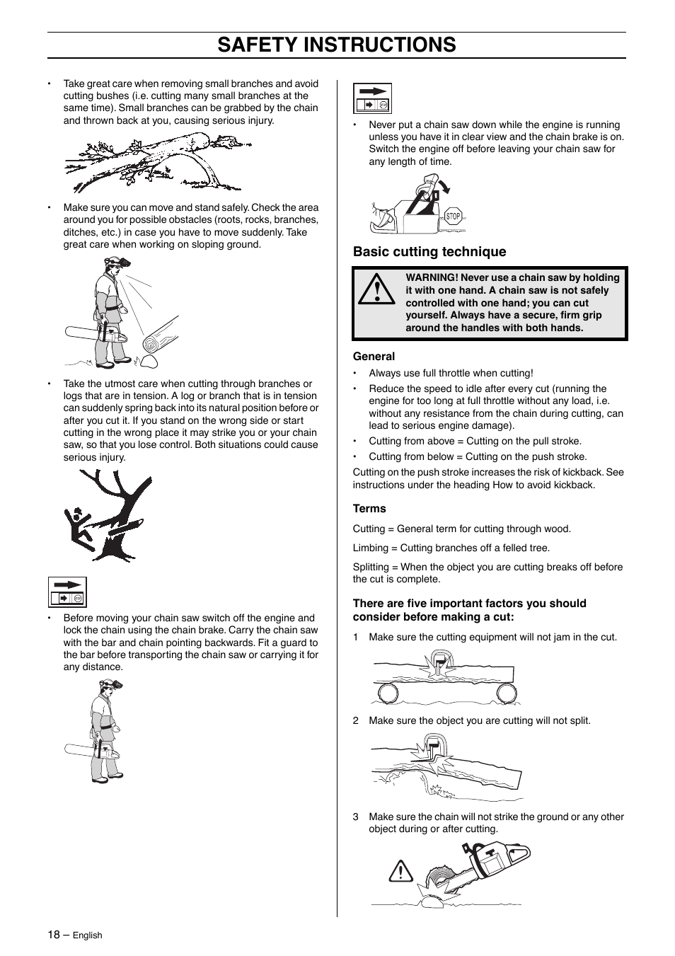 Basic cutting technique, Safety instructions | Husqvarna 385XP User Manual | Page 18 / 40