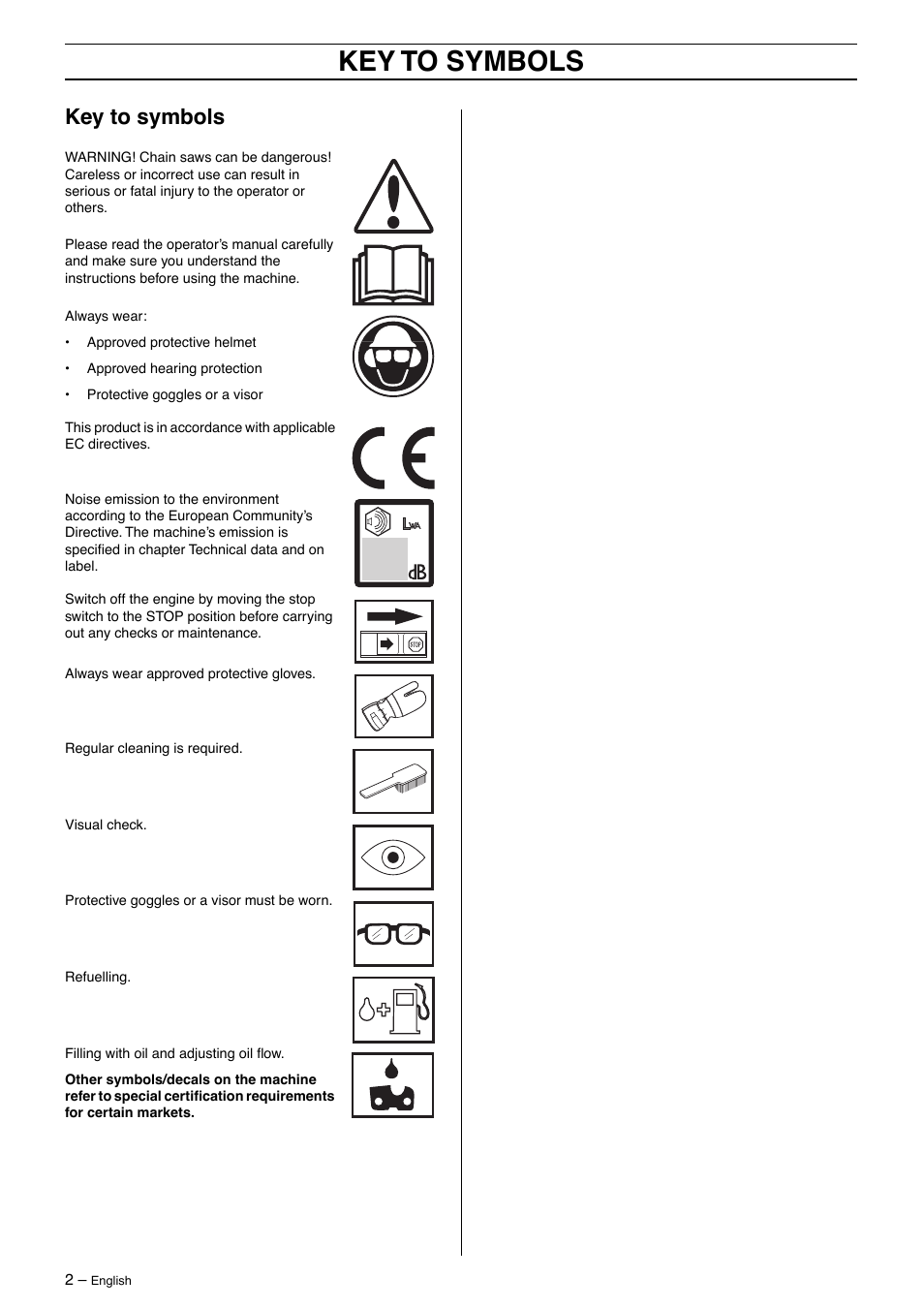 Key to symbols | Husqvarna 385XP User Manual | Page 2 / 40