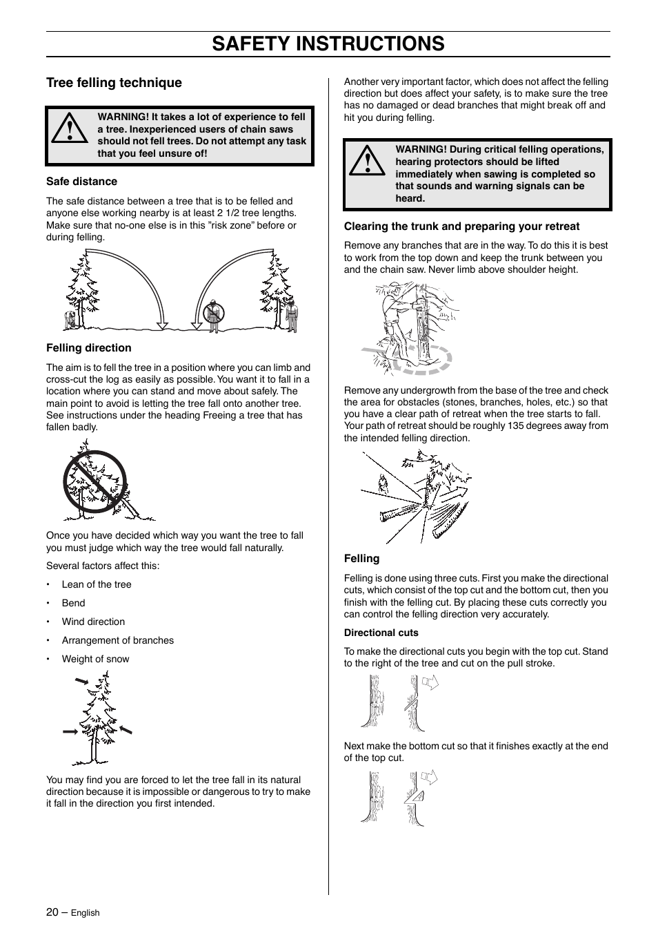 Tree felling technique, Safety instructions | Husqvarna 385XP User Manual | Page 20 / 40