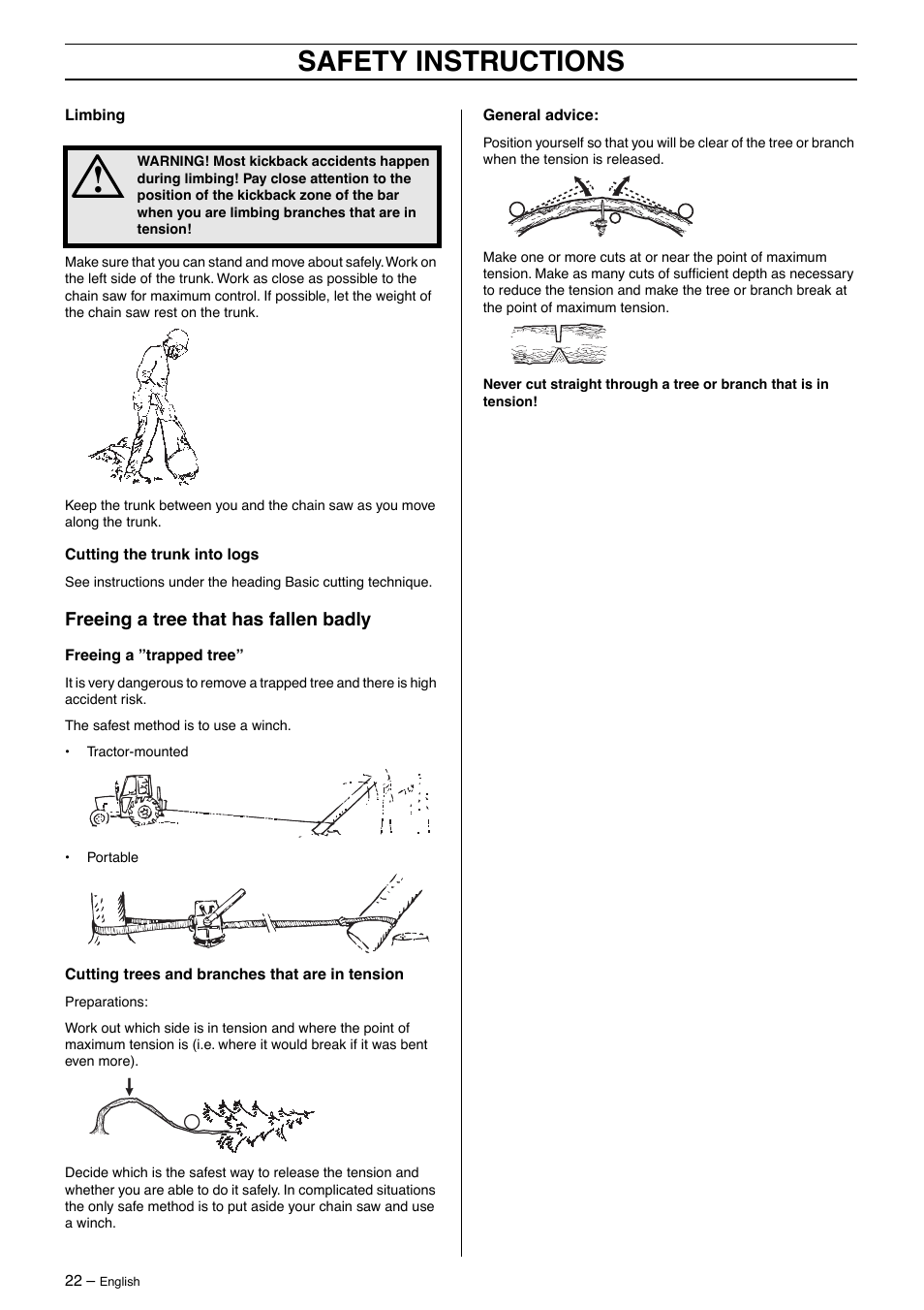 Freeing a tree that has fallen badly, Safety instructions | Husqvarna 385XP User Manual | Page 22 / 40