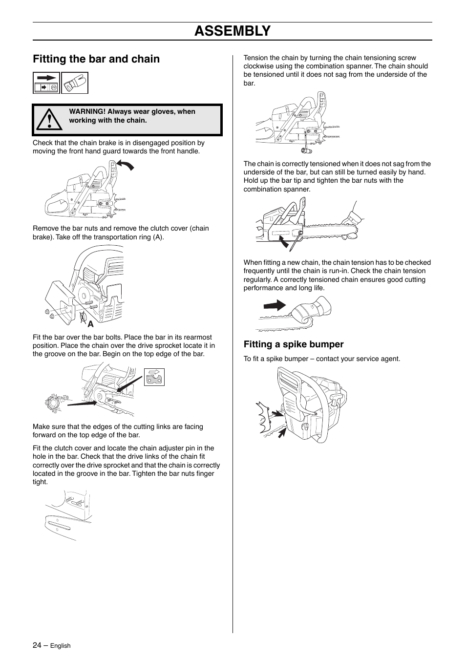 Fitting the bar and chain, Fitting a spike bumper, Assembly | Husqvarna 385XP User Manual | Page 24 / 40